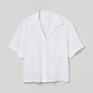 100% Linen White Button Down Short Sleeve Shirt H&M XS